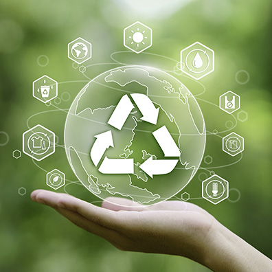 hand holding the earth on a green background with icon recycle in the concept of reuse reduce recycle rot refuse. zero waste. Conscious consumption.